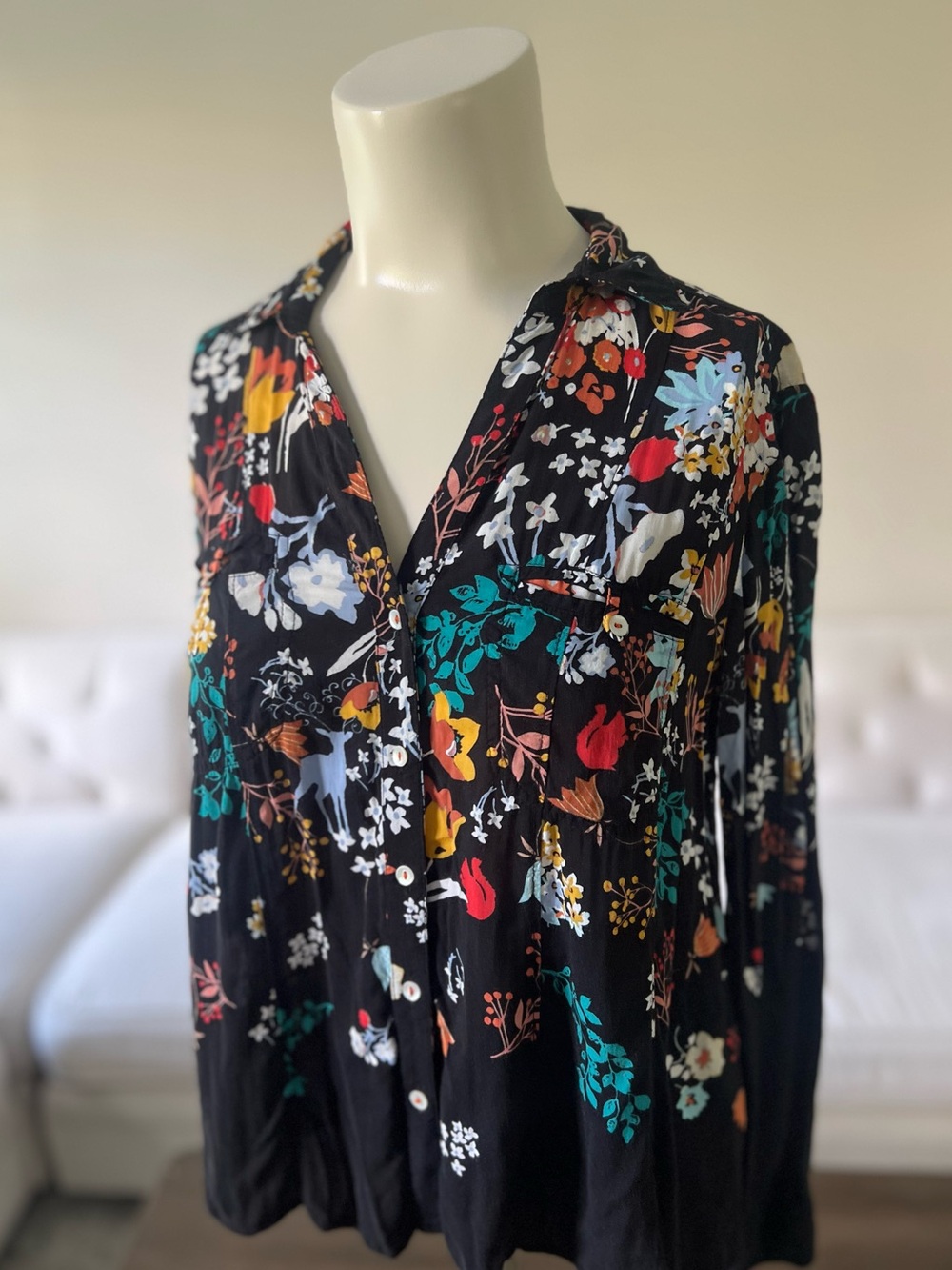 Maeve Anthropologie Black Forest Friends Button-Front Long Sleeve Dress Shirt